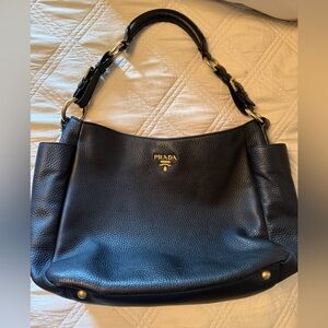 Prada Vitello Daino Black Pebbled Leather Shoulder Hobo with Gold-Tone Logo
